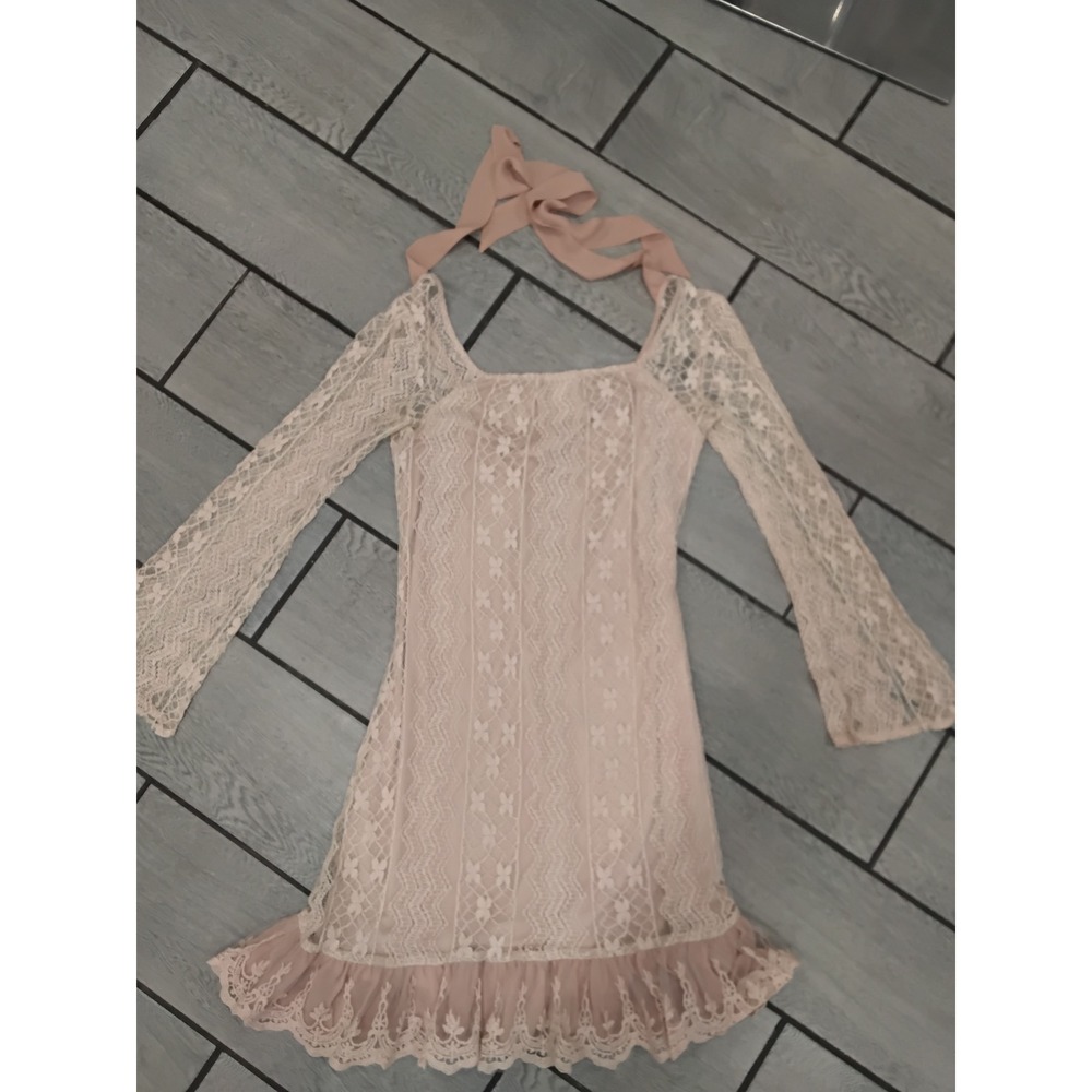 A'reve Pink Lace Mini Dress Long Bell Sleeve Ruffle Hem Coquette AD3829-S513 S